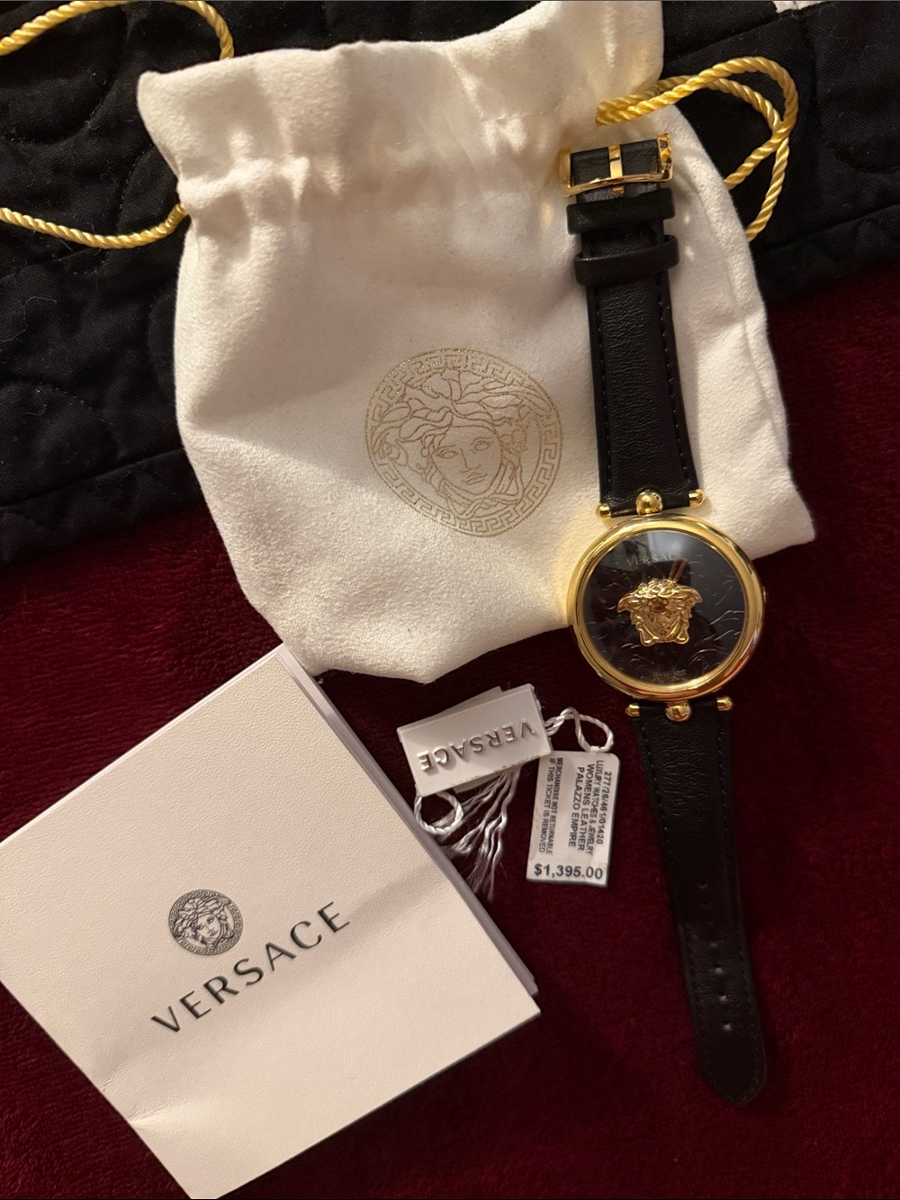 Versace Black and Gold Medusa Dial Watch with Leather Strap